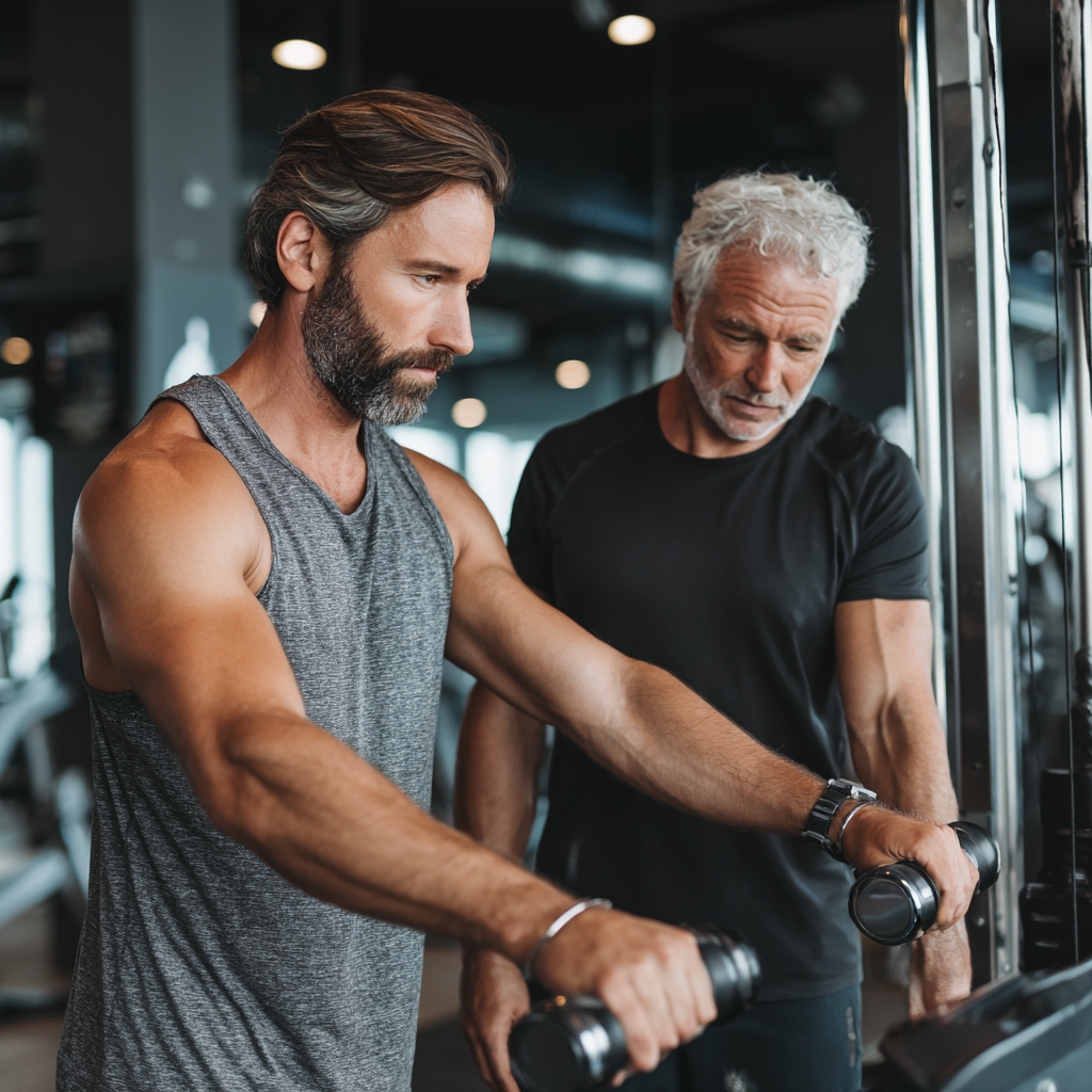 Professional fitness trainer working with middle-aged client in modern gym environment